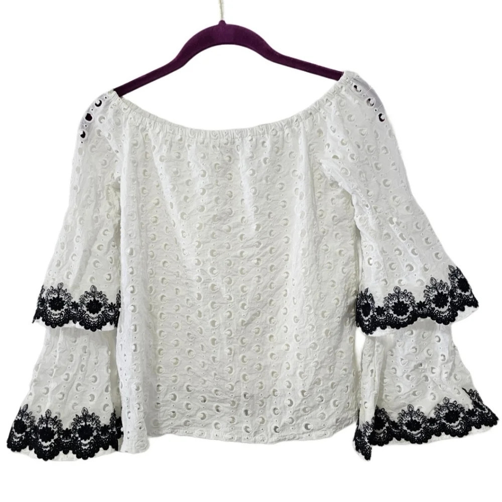 Bailey 44 White Eyelet Boho Tiered Bell Sleeve Blouse - Picture 3 of 11